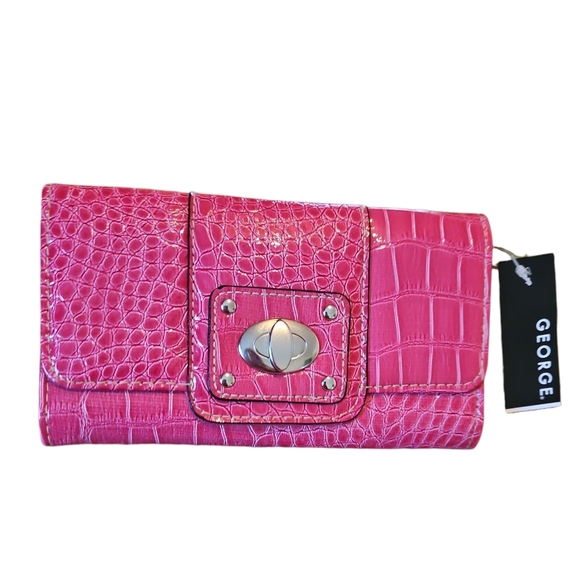Hot Pink Crocodile Embossed Clutch Or Long Wallet, Tri-Fold - Picture 1 of 5